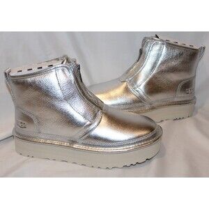 UGG WOMEN'S SILVER LEATHER NEUMEL ZIP UP PLATFORM BOOTS SZ 9 NIB